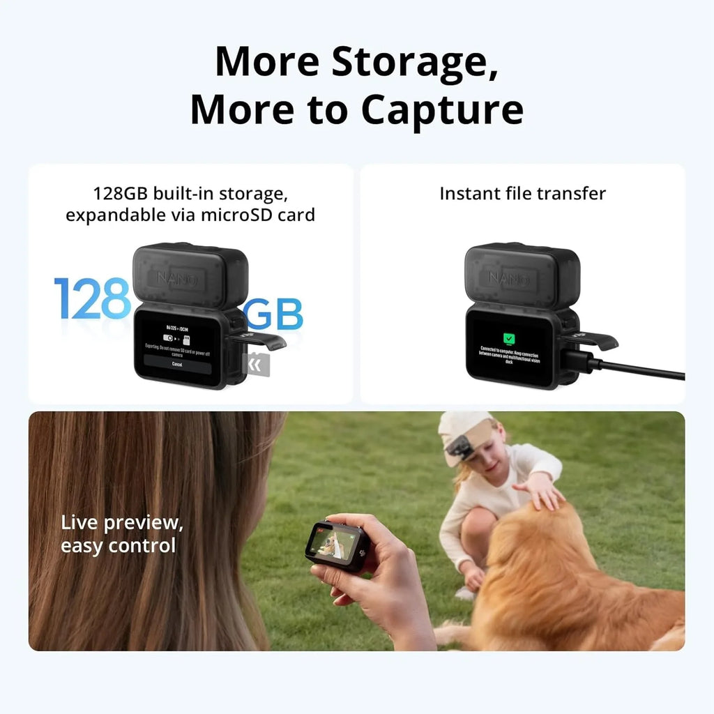 DJI Osmo Nano Standard Combo (128GB) - Small 4K/60fps Vlogging Camera with a 1/1.3" Sensor, 143° Wide FOV Video, 200-Min Recording, Swift Content Transfer, Magnetic POV Cam 4K for Sports, Vlog