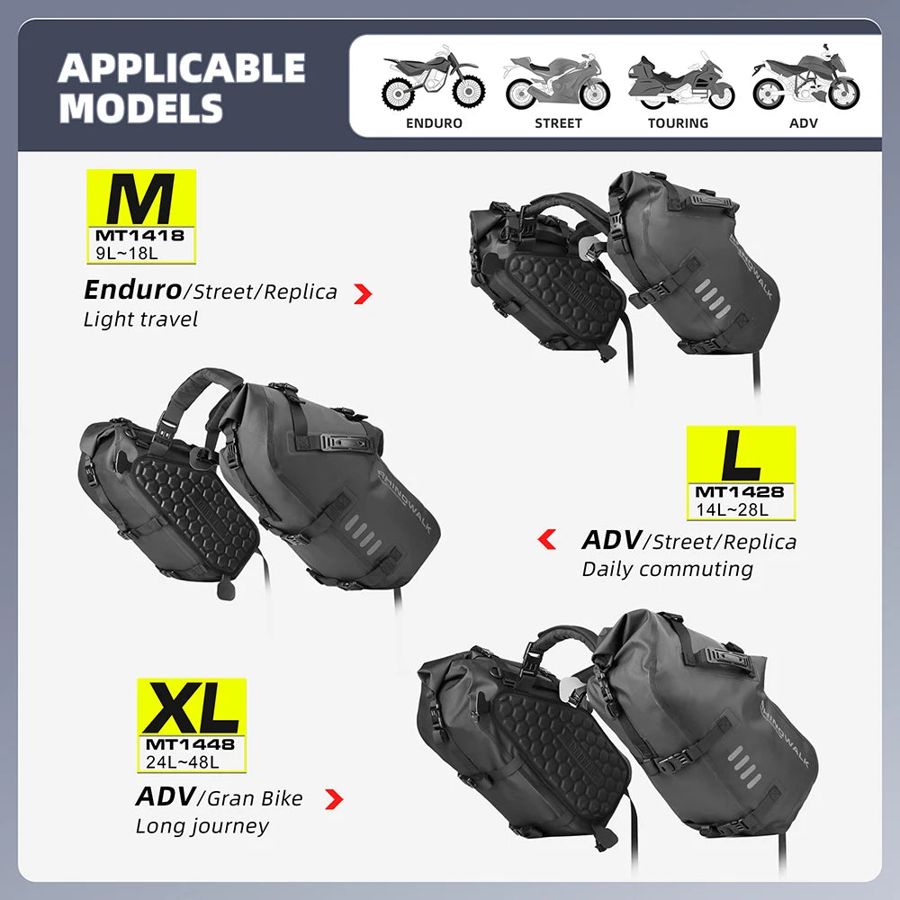 Rhinowalk Motorcycle Side Bags Saddlebag Waterproof Quick-Release Universal 2-Piece 14L/28L/48L Large Capacity Moto Accessories