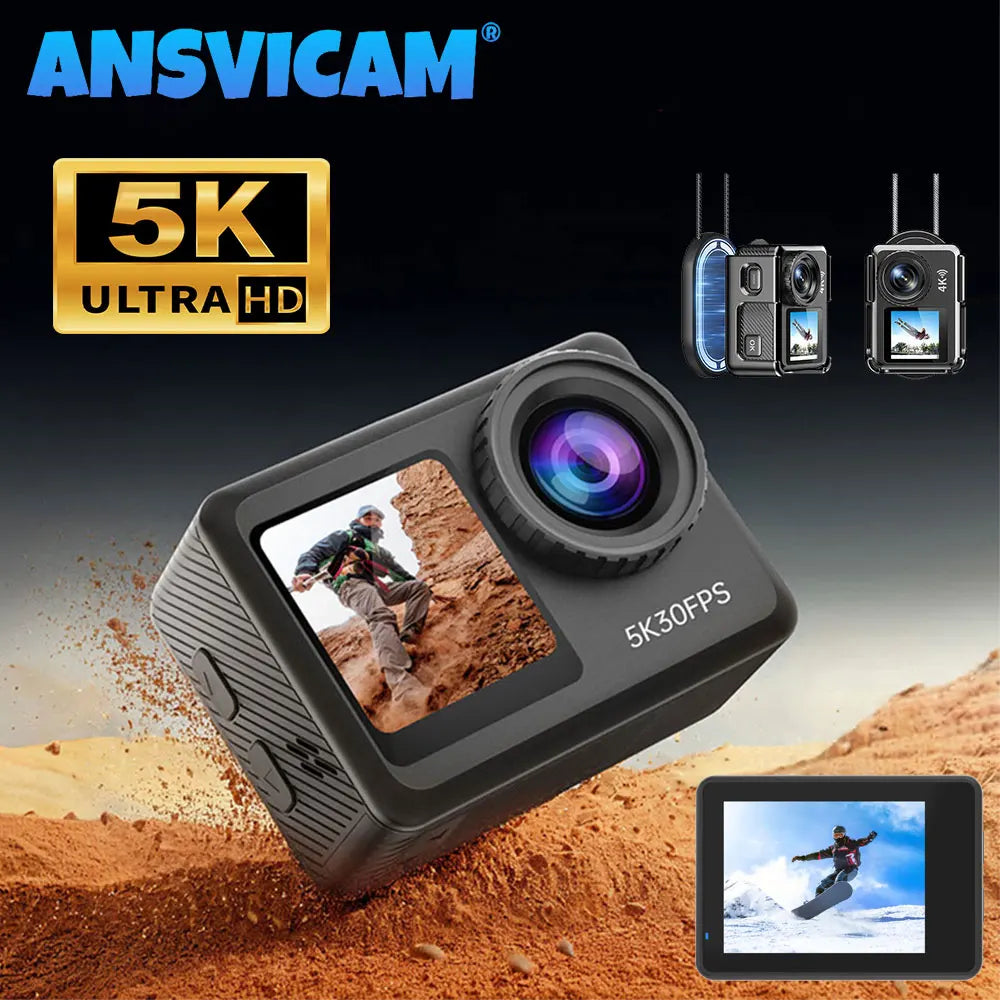 ANSVICAM 5K Action Camera 4K60FPS Dual Screen Waterproof 6-Axis EIS Vlog Camera with Magnetic Bicycle Motorcycles Sports Cameras
