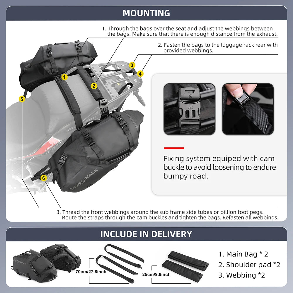 Rhinowalk Motorcycle Side Bags Saddlebag Waterproof Quick-Release Universal 2-Piece 14L/28L/48L Large Capacity Moto Accessories