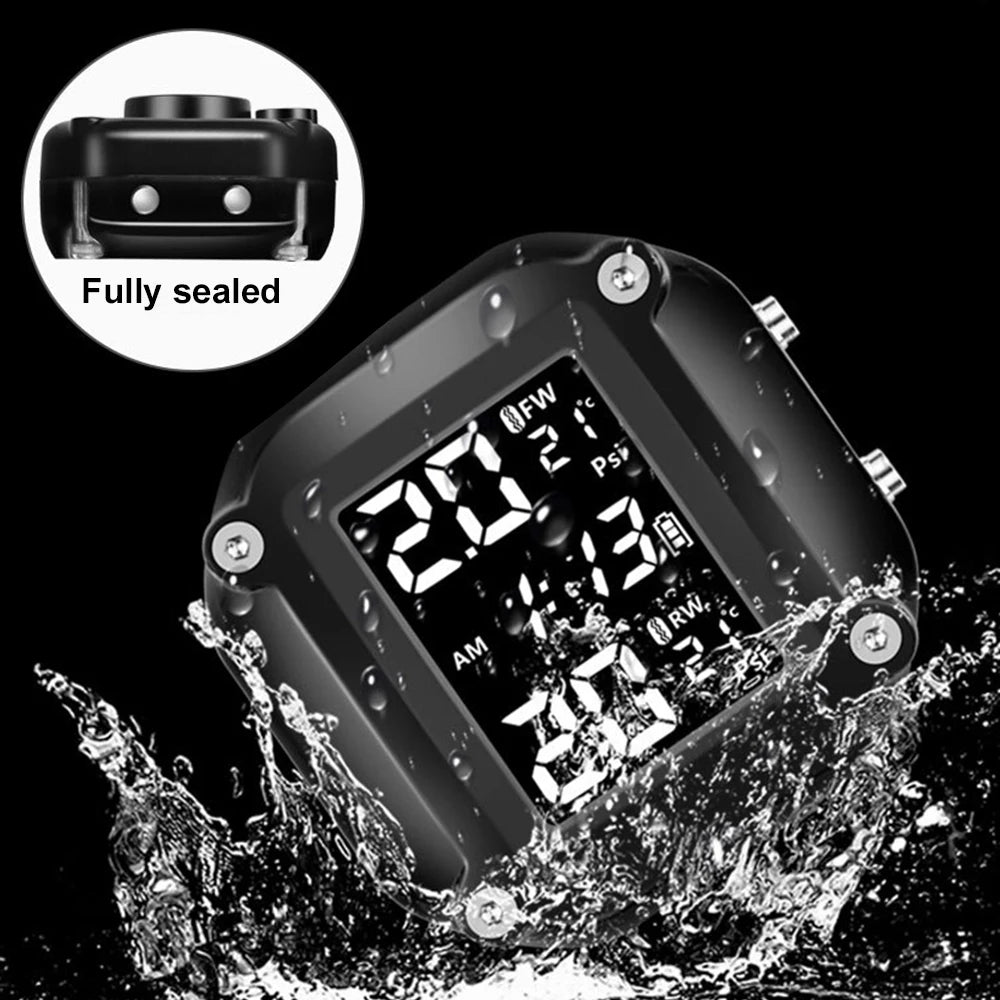 Motorcycle TPMS Sensor LCD Display Motor Tire Pressure Temperature  Monitoring Alarm System With 2 External Sensors USB Charging