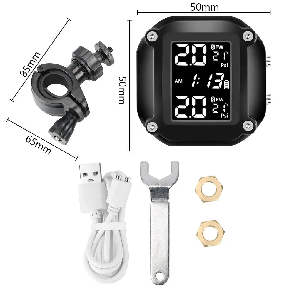 Motorcycle TPMS Sensor LCD Display Motor Tire Pressure Temperature  Monitoring Alarm System With 2 External Sensors USB Charging