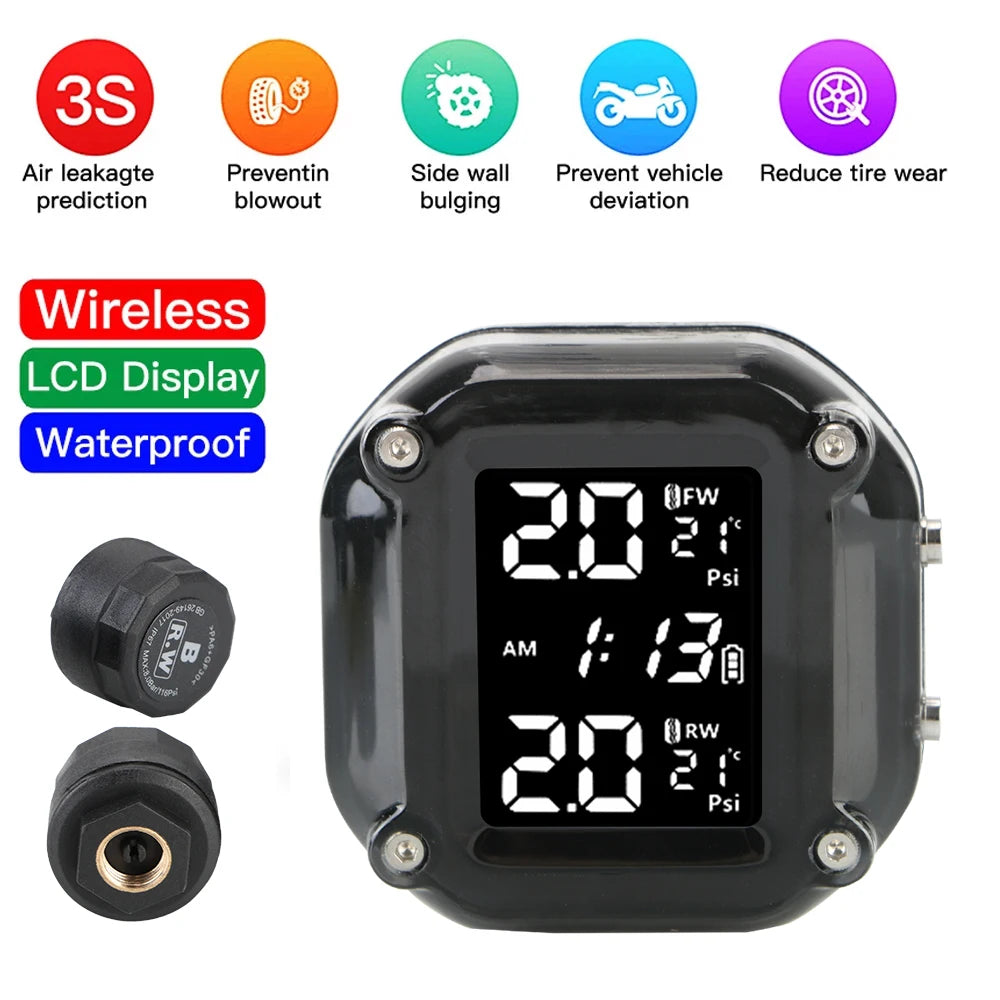 Motorcycle TPMS Sensor LCD Display Motor Tire Pressure Temperature  Monitoring Alarm System With 2 External Sensors USB Charging