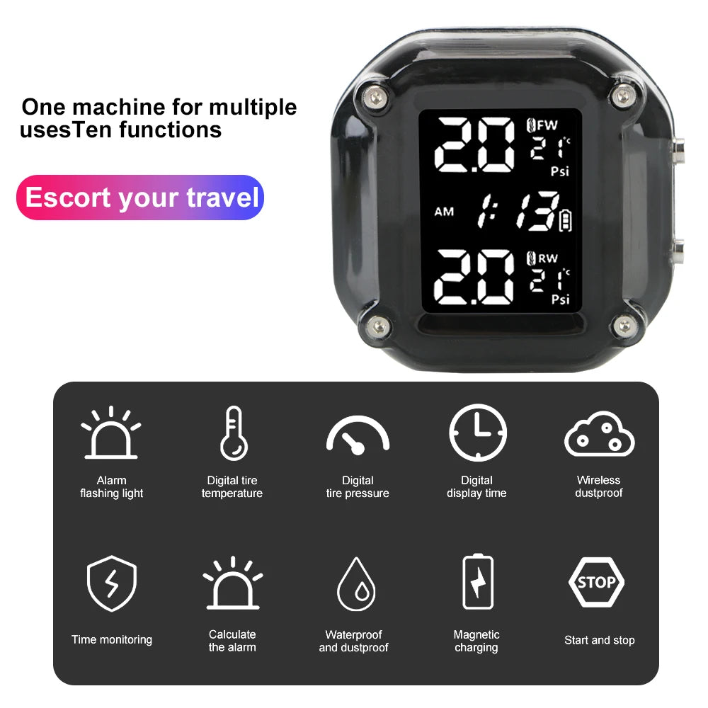 Motorcycle TPMS Sensor LCD Display Motor Tire Pressure Temperature  Monitoring Alarm System With 2 External Sensors USB Charging