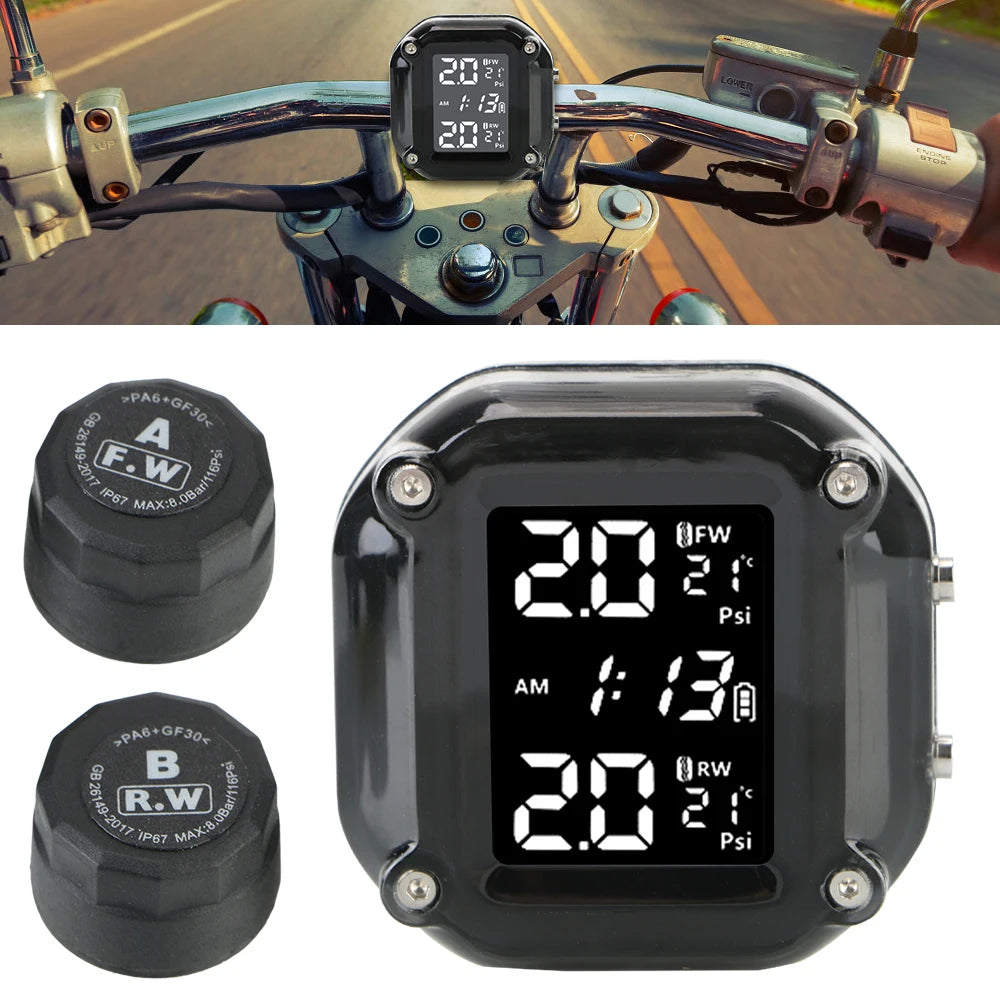 Motorcycle TPMS Sensor LCD Display Motor Tire Pressure Temperature  Monitoring Alarm System With 2 External Sensors USB Charging