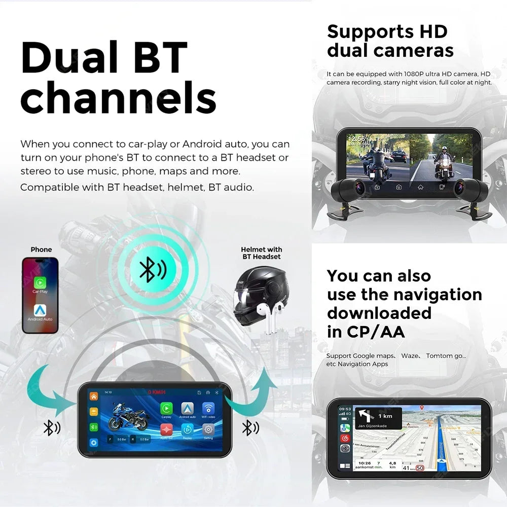NaviFly 6.25" Motorcycle Wireless CarPlay Moto Android Auto Portable Digital Dashboard Navigation Display Optional DVR TPMS
