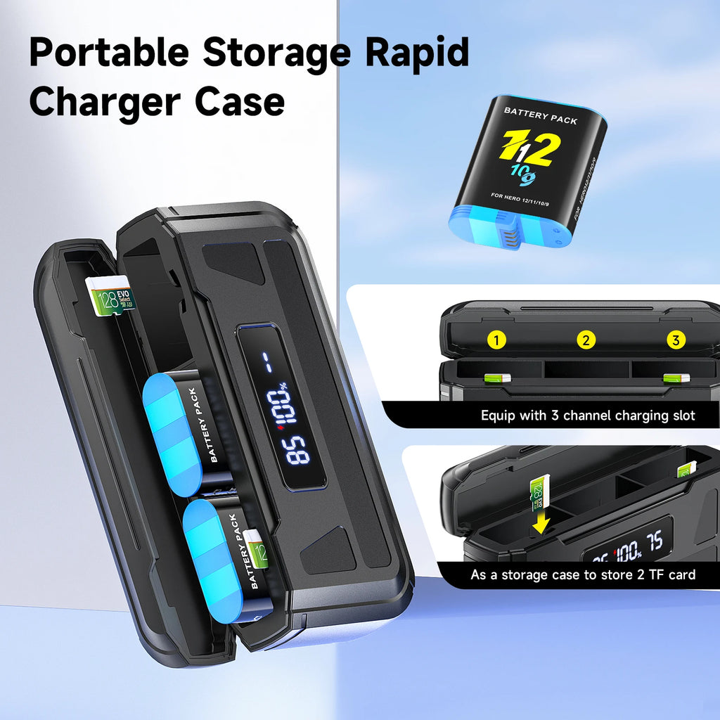 2000mAh for GoPro Hero 12 11 10 9 Battery  + 3-Slot LCD USB Fast Charger for Go Pro 10 9 Black Camera Bateria for Go Pro 12 10 9