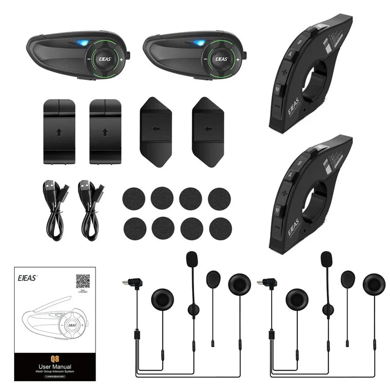 EJEAS Q8 Motorcycle Mesh Intercom with EUC Remote Walkie Talkie Bluetooth Interphone Headset for 6 Riders with Bluetooth 5.1