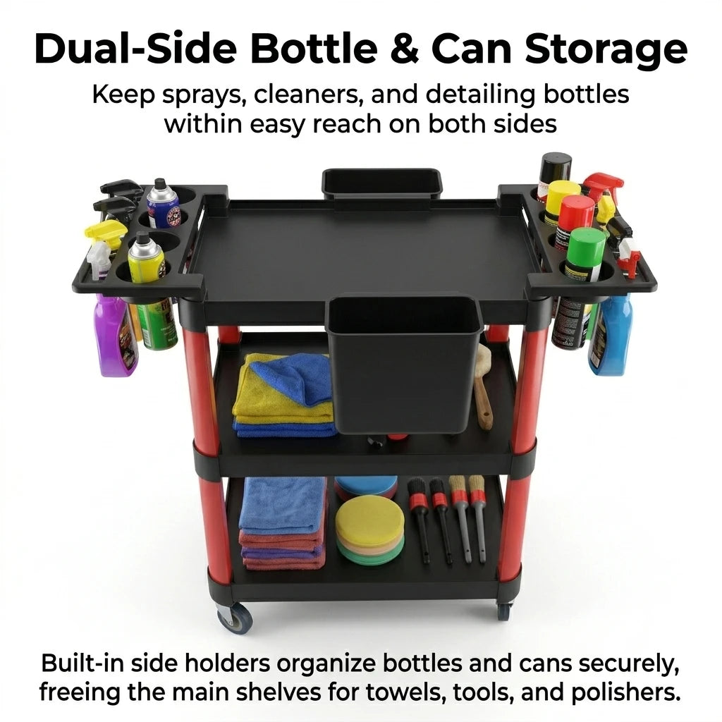 3 Tier Rolling Tool Storage Cart Multi Purpose Mobile Utility Organizer Trolley with Side Bottle Holders Detachable Bucket 360° Swivel Wheels for Car Detailing Garage Workshop Salon Use