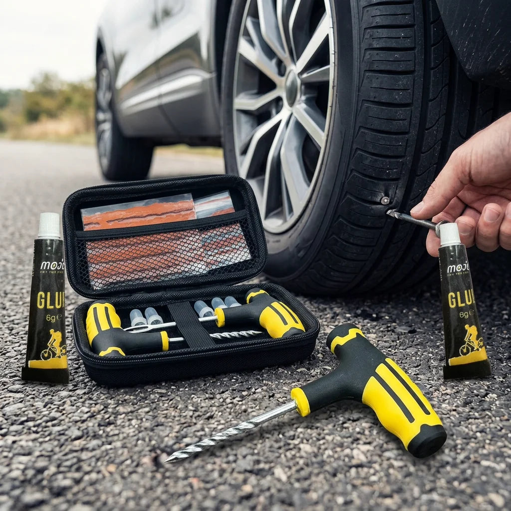 Portable Car Tire Puncture Repair Kit T-Handle Tools Glue Strips Universal for Truck Motorcycle RV Roadside Safety
