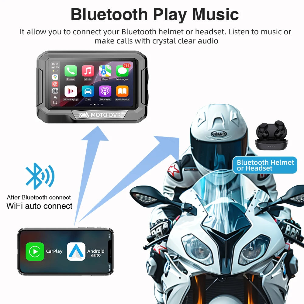 Portable 3.4 inch Motorcycle GPS Navigation Wireless Carplay Android Auto DVR Drive Recorder Moto Monitor WIFI IP67 Waterproof