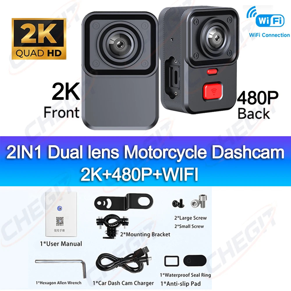 New Motorcycle Camera Dual lens 2K+480P HD DVR 170° Wide Angle Lens TypeC Loop Recording with GSensor WiFi Waterproof