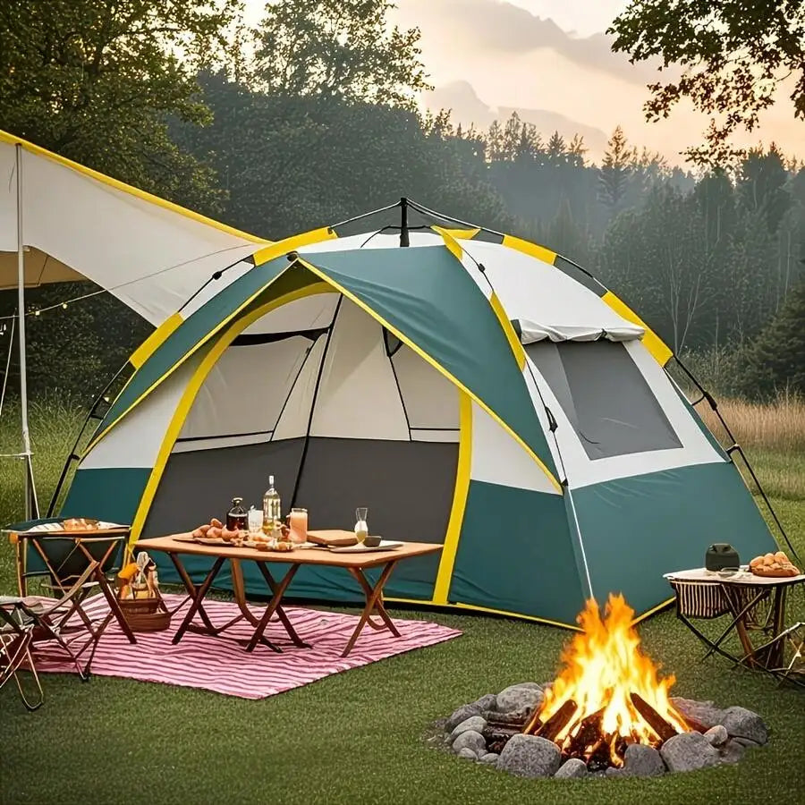 Automatic Instant Setup Camping Tent, 1-3/3-4 Person All-Season Tent With Dual Doors & Mesh Windows, Windproof Lightweight Green