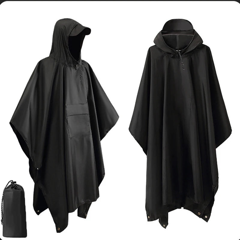 3-in-1 Outdoor Military Raincoat with Hood Waterproof Sleeve Rain Poncho Motorcycle Cover Camping Hiking Travel Rainwear Tent