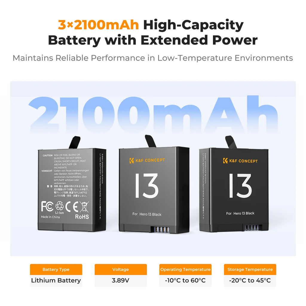 K&F CONCEPT 3-Pack Enduro Battery for Hero13 Battery and Upgraded Fast Charger for GoPro Hero 13 Battery Hero 13 Black Camera