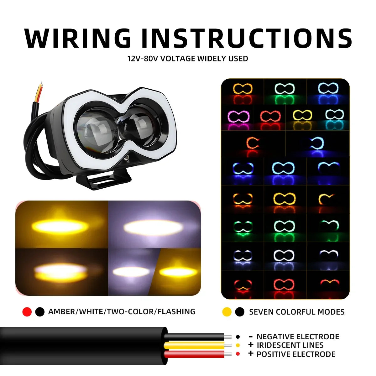 1pc Motorcycle LED Spotlight 2/3/4 Lens Dual Color White Yellow Warning Flash Lamp RGB Aperture Moto Headlamp LED Driving Lights