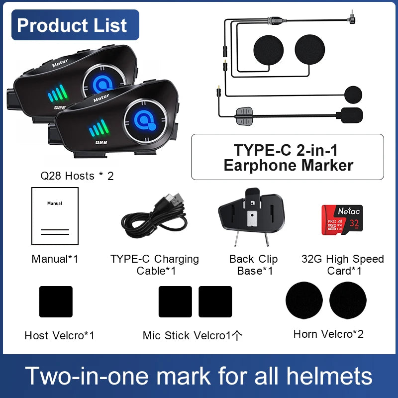 Q28 Motorcycle Helmet Headset Bluetooth Hands Free Call Waterproof Heaphone Wireless 1080P Video Dashcam TF Card as gift