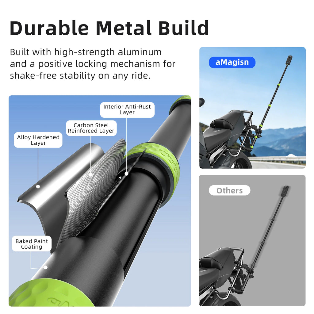 AMagisn Motorcycle Selfie Stick 110cm 150cm Telescopic Extension Pole for GoPro Insta360 DJI Action Camera Cycling Mount