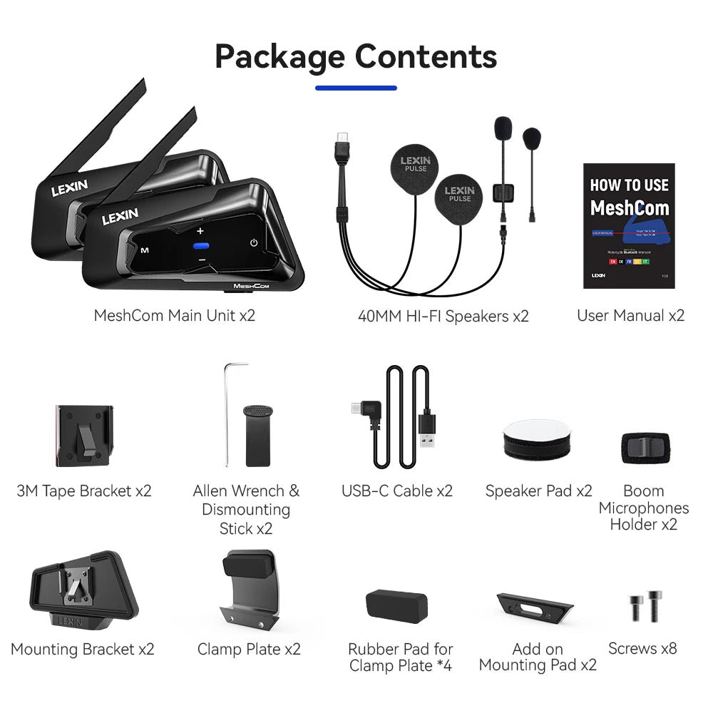 Lexin MeshCom MESH & Bluetooth Intercom for Motorcycle Helmet Headset, Mesh Intercom up to 24 People Within 2 km Range