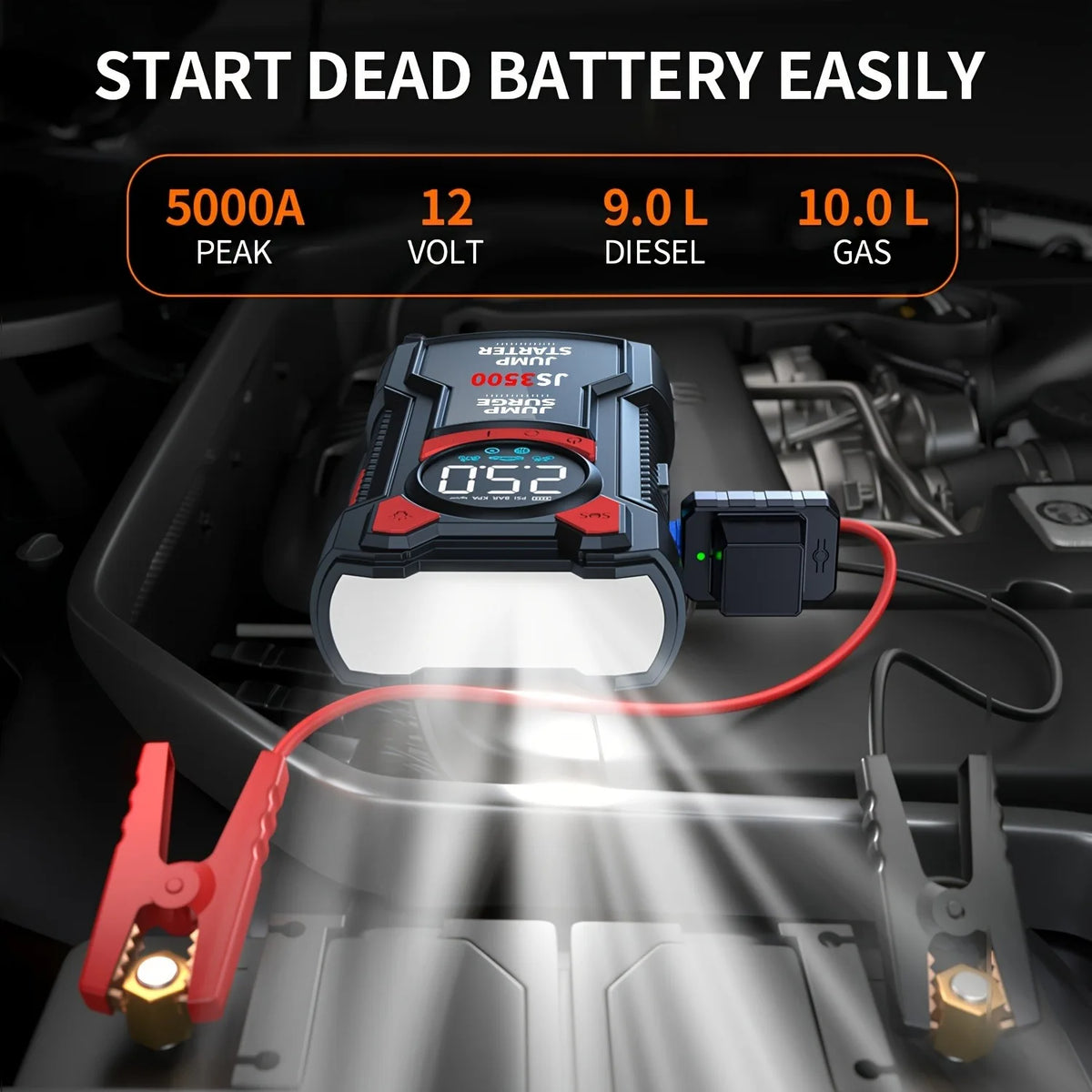 PAIVIROKU Car Jump Starter Air Compressor with Power Bank Portable Electric Pump Battery Booster 12V Jump Box with Flashlight