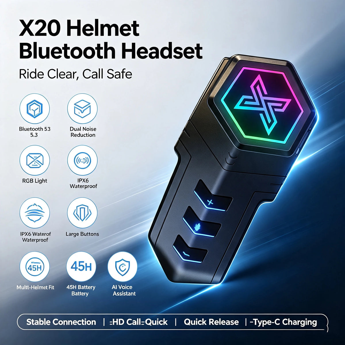 X20 Moto Helmet Bluetooth Headset, Bluetooth 5.3 Stereo Sound, RGB LED Light, IPX6 Waterproof Dustproof for Motorcycle Riding
