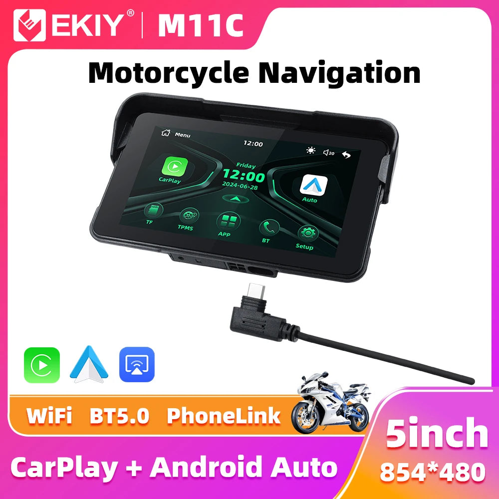 EKIY 5 inch Portable Digital Motorcycle Dashboard GPS Motorcycle Navigation Display Screen Wireless CarPlay Moto Android Auto