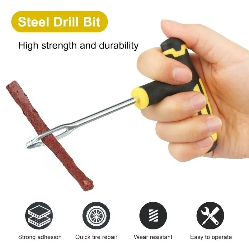 Portable Car Tire Puncture Repair Kit T-Handle Tools Glue Strips Universal for Truck Motorcycle RV Roadside Safety