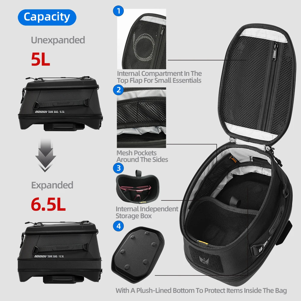 Rhinowalk Motorcycle Magnetic Tank Bag 6.5L Waterproof Dry Quick Release Bag for BMW KTM Honda Install Base Sold Separately