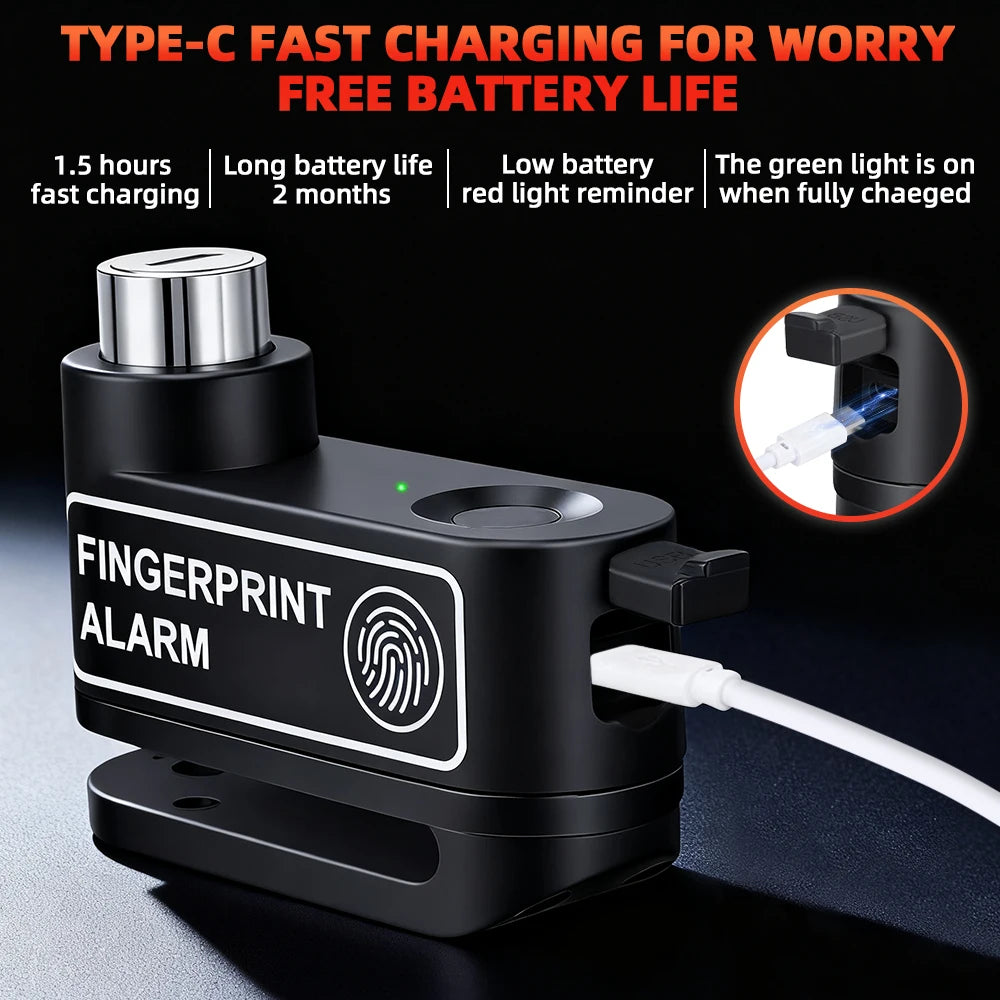 Disc Brake Lock 120dB Fingerprint Motocycle Alarm with Keys Anti-theft Lock Rechargeable Motorbike Accessories