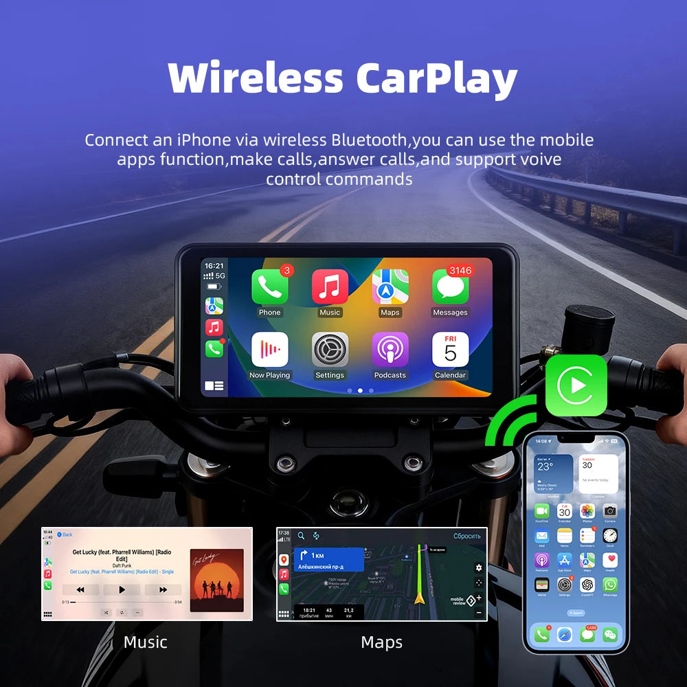 EKIY 6.25" Wireless CarPlay Moto Android Auto Portable Digital Motorcycle Dashboard GPS Navigation Display Screen TPMS Monitor