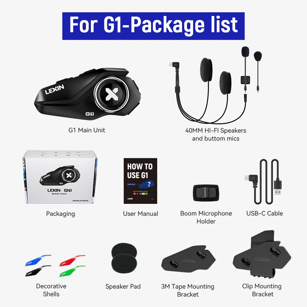 Lexin G1 Motorcycle Bluetooth Headsets for Helmet, Bluetooth 5.0, High Definition Speakers, Sound Quality Upgrade