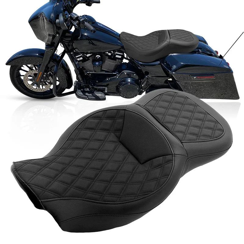 Motorcycle Driver Passenger Seat PU Leather Two-Up Low Profile For Harley Touring CVO Street Glide Road King Special 2009-2022