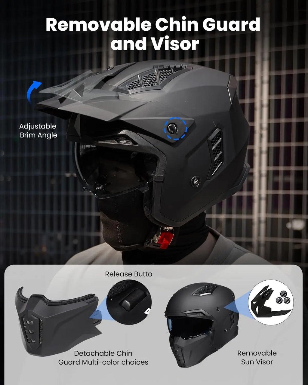 3/4 Open Face Motorcycle Helmet with Visor for Men Women Moped ATV Cruiser Scooter DOT Z302 Matte Black Large