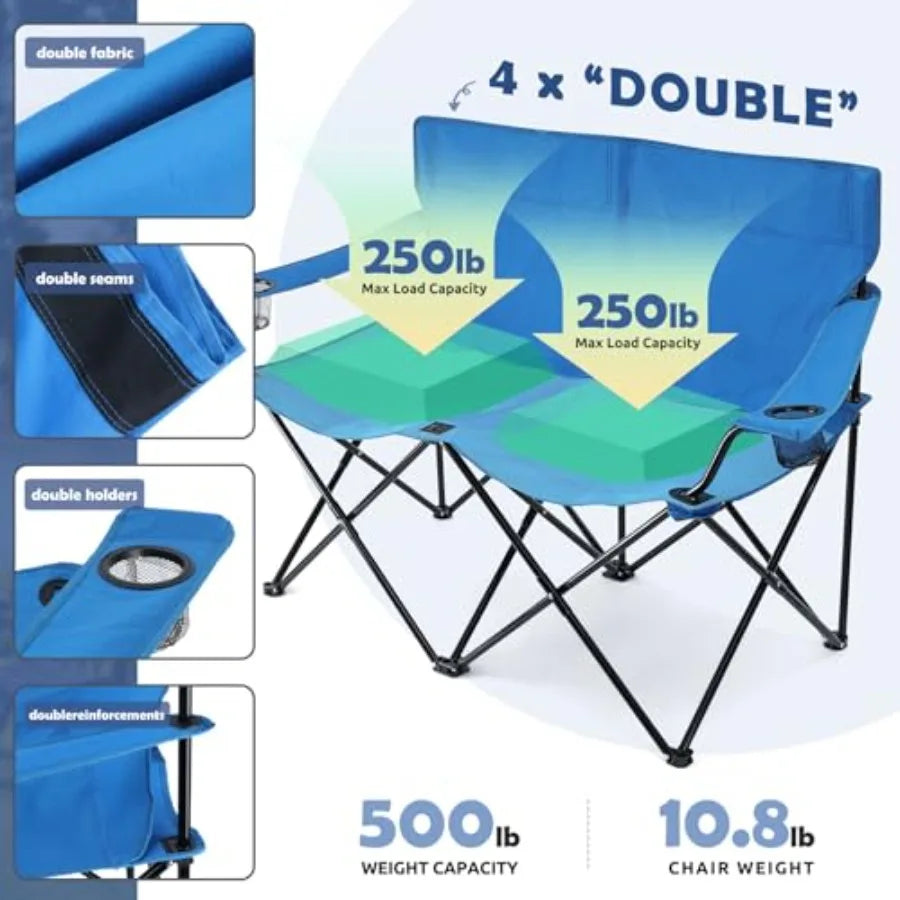 Folding Camping Chair, Double Seat Foldable Camp Chair for 2 Persons, Portable and Large for Outdoor Fishing, Hiking, Travel, P