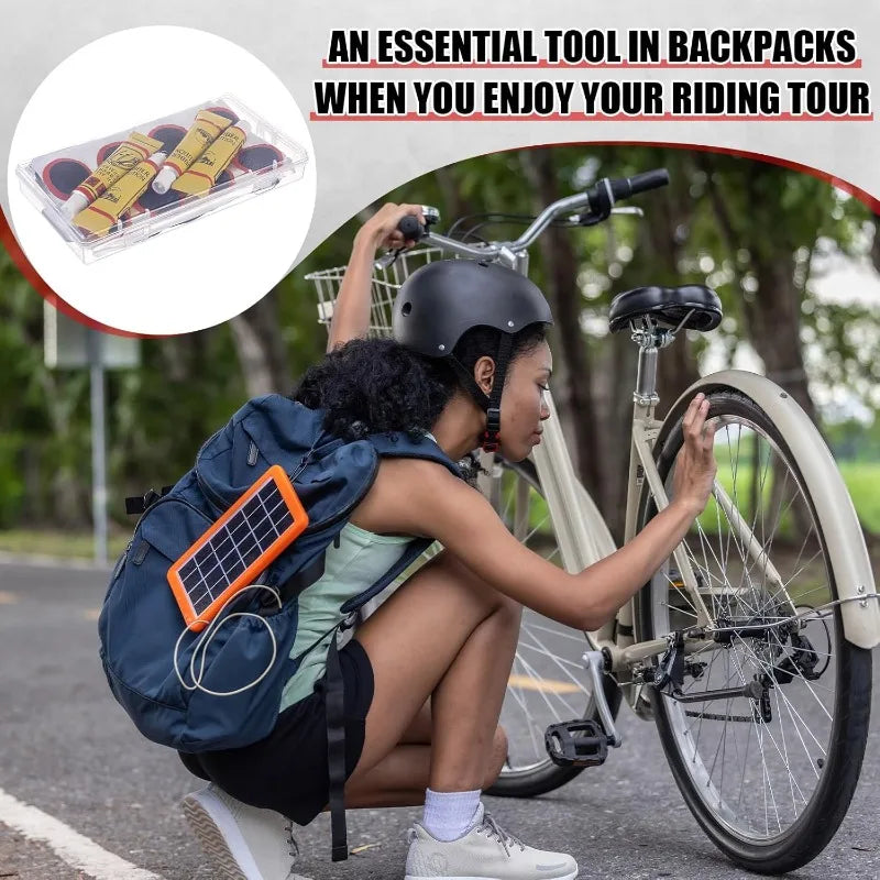 Bike Tire Repair Kit with Vulcanizing Patches, Pre Glued Patches Vulcanizing Fluid, Metal Rasp for Cycling Motorcycle Bicycle