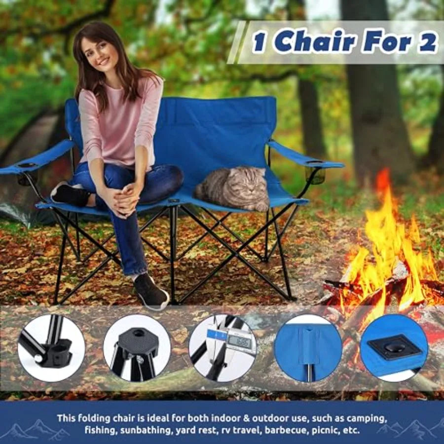 Folding Camping Chair, Double Seat Foldable Camp Chair for 2 Persons, Portable and Large for Outdoor Fishing, Hiking, Travel, P