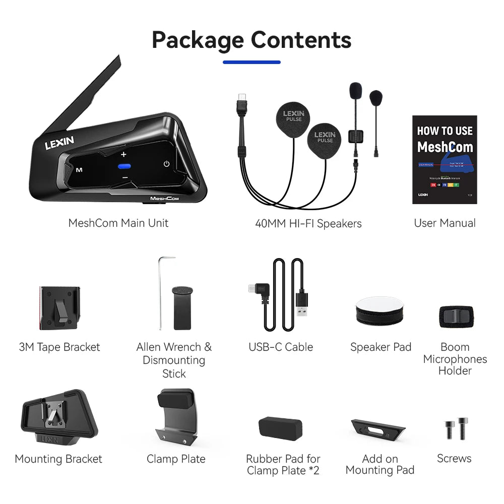 Lexin MeshCom MESH & Bluetooth Intercom for Motorcycle Helmet Headset, Mesh Intercom up to 24 People Within 2 km Range