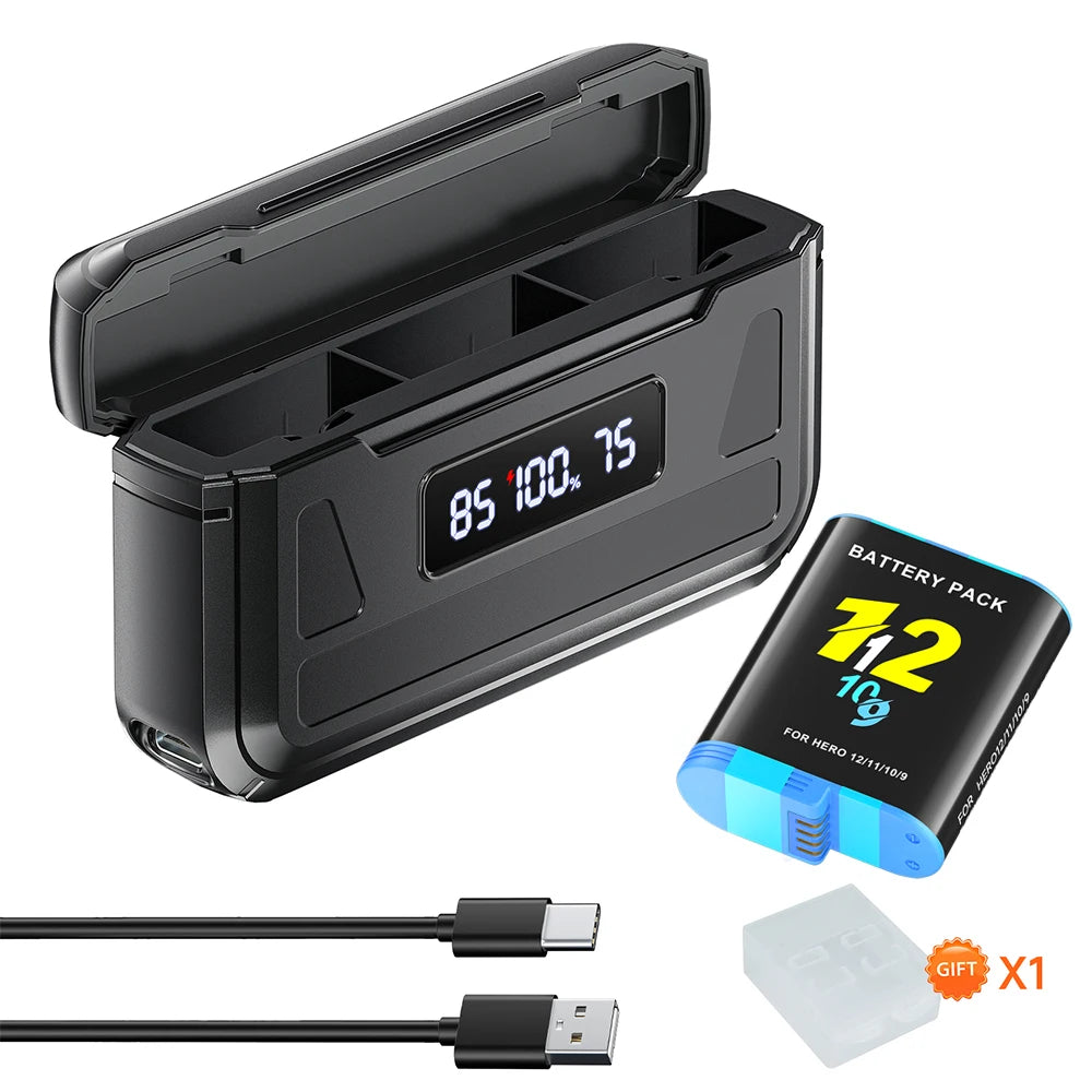 2000mAh for GoPro Hero 12 11 10 9 Battery  + 3-Slot LCD USB Fast Charger for Go Pro 10 9 Black Camera Bateria for Go Pro 12 10 9