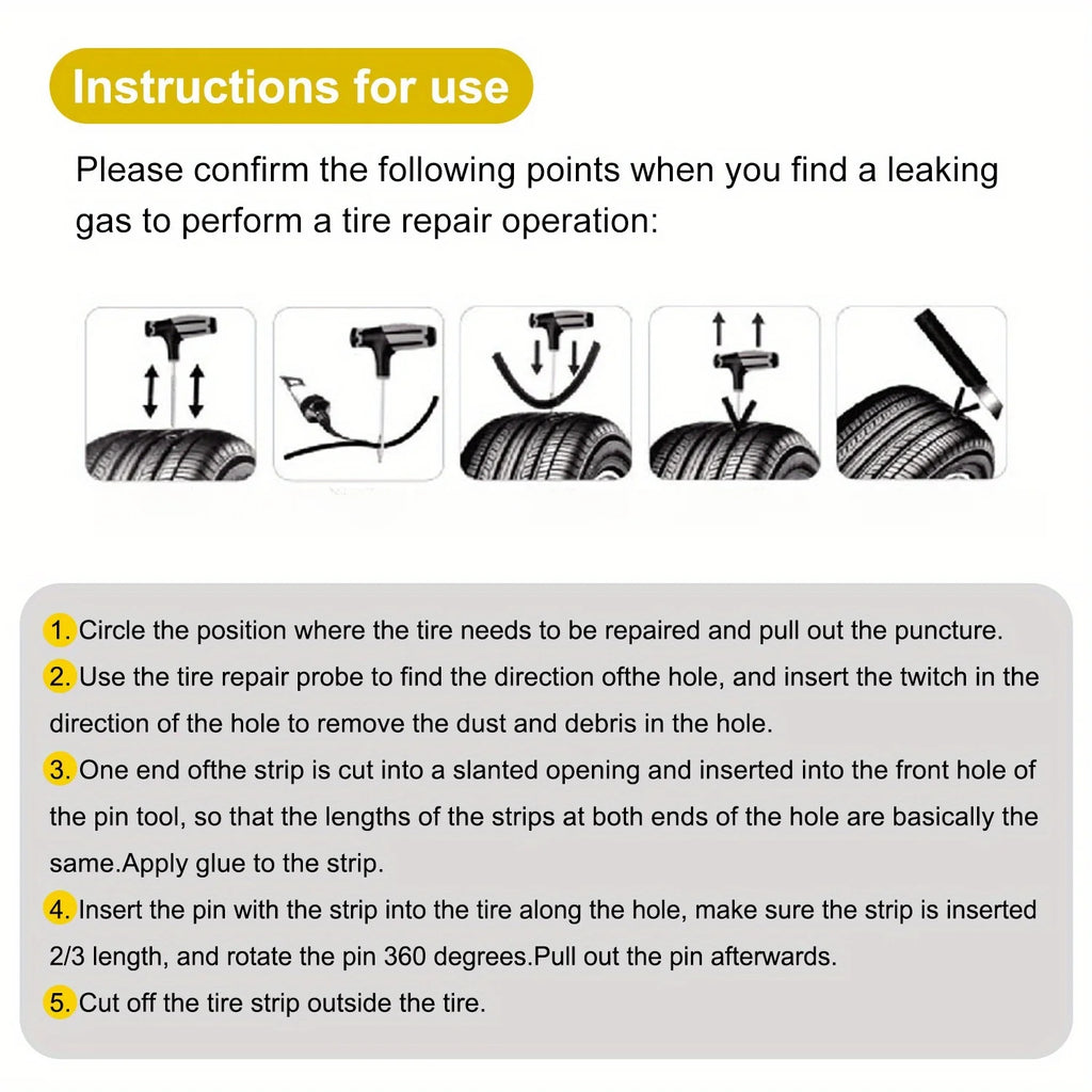 Portable Car Tire Puncture Repair Kit T-Handle Tools Glue Strips Universal for Truck Motorcycle RV Roadside Safety