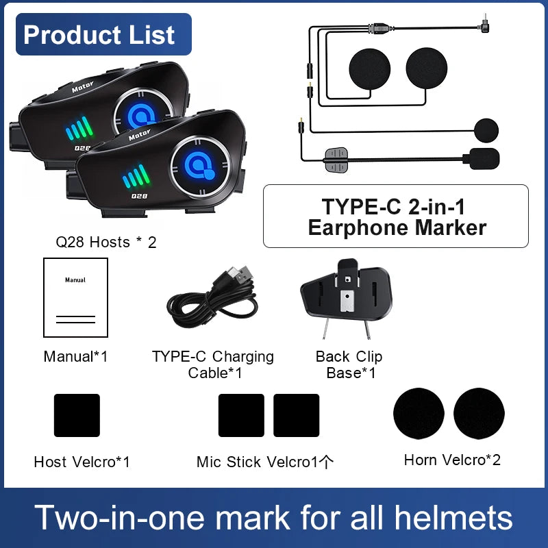 Q28 Motorcycle Helmet Headset Bluetooth Hands Free Call Waterproof Heaphone Wireless 1080P Video Dashcam TF Card as gift