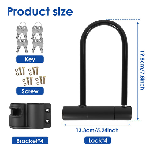 1/2/4Pcs Bike Lock with Key Standard Size U-Lock for Bicycles and Other Outdoor Equipment Anti-Theft Lock for Cycling Motorcycle