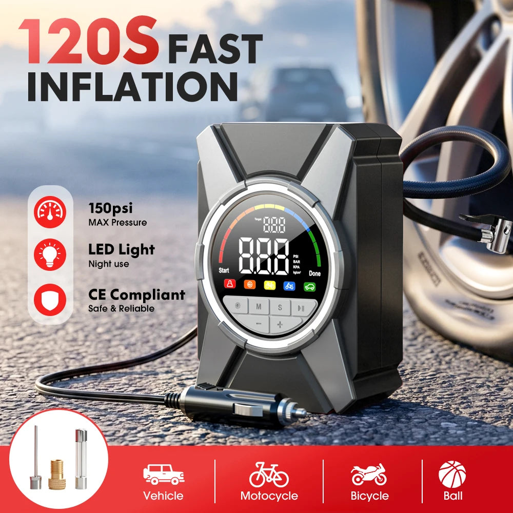 Portable Car Air Compressor 12V Tire Inflator Pump 150PSI Digital Fast Inflation LED Light CE for SUV Truck Moto Bicycle Balls