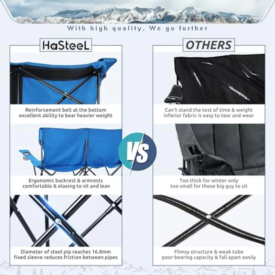 Folding Camping Chair, Double Seat Foldable Camp Chair for 2 Persons, Portable and Large for Outdoor Fishing, Hiking, Travel, P