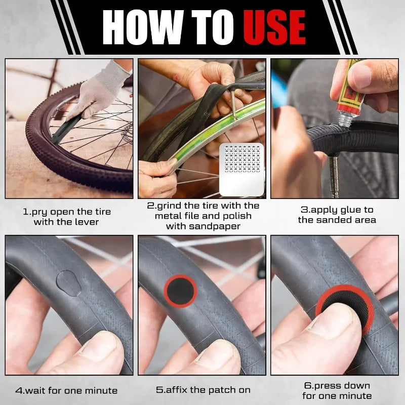 Bike Tire Repair Kit with Vulcanizing Patches, Pre Glued Patches Vulcanizing Fluid, Metal Rasp for Cycling Motorcycle Bicycle