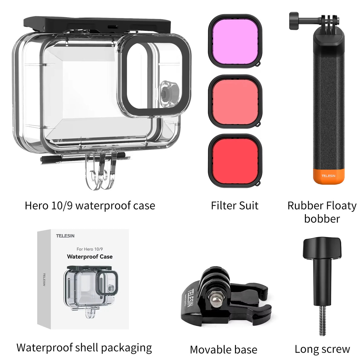 TELESIN 60M Waterproof Case For GoPro Hero 13 12 11 10 9 Underwater Diving Housing Cover With Dive Filter For Gopro Accessories