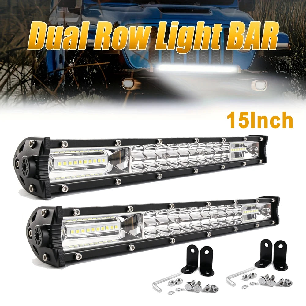 15-inch LED light bar, bright light, comes with multiple LED bulbs and a mounting bracket, black finish, mainly used for off-road vehicles, trucks, ATVs, UTVs, boats, and tractors