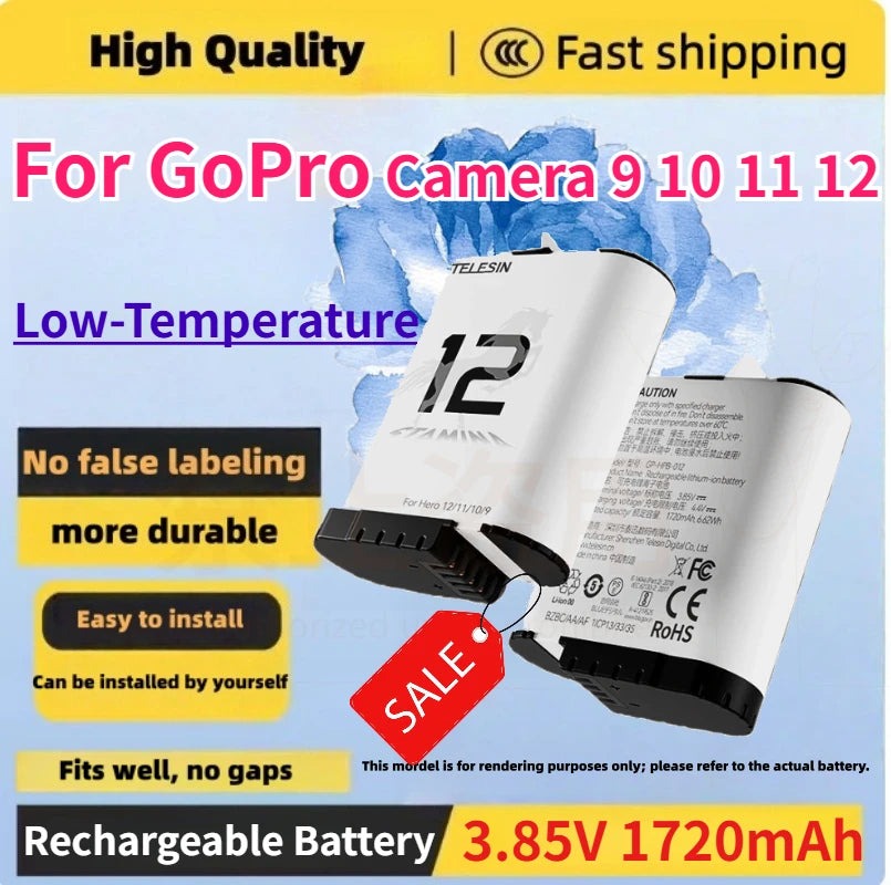 3.85V 1720mAh Low-Temperature Pocket Battery for GoPro Camera 9 10 11 12 Replace Rechargeable Battery Accessories
