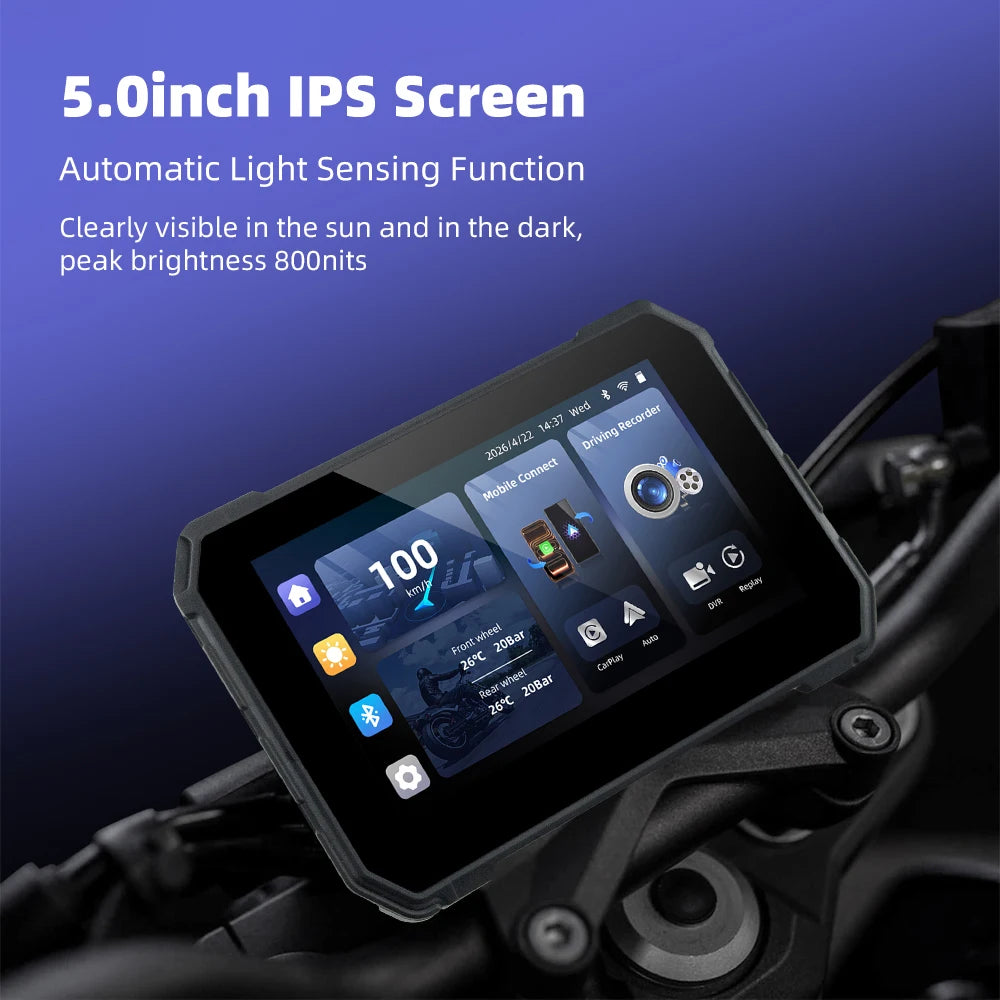 EKIY 5.0" Wireless CarPlay Moto Android Auto Portable Digital Dashboard GPS Motorcycle Navigation Display Screen TPMS Dashcam