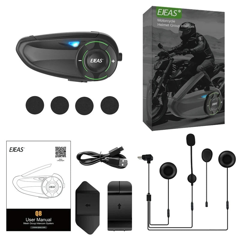 EJEAS Q8 Motorcycle Mesh Intercom with EUC Remote Walkie Talkie Bluetooth Interphone Headset for 6 Riders with Bluetooth 5.1