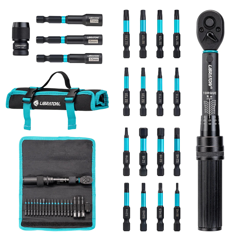 1/4" 2-14Nm Bike Torque Wrench 21pcs Bike Torque Wrench Set Socket Spanner with Impact Bit Bicycle Motorcycle Ratchet Repair Kit